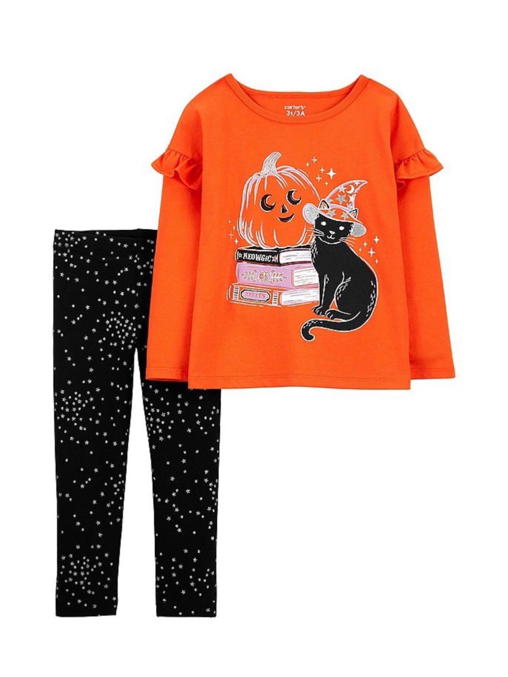 Carter's Orange Pumpkin & Black Cat Top with Black Star Leggings